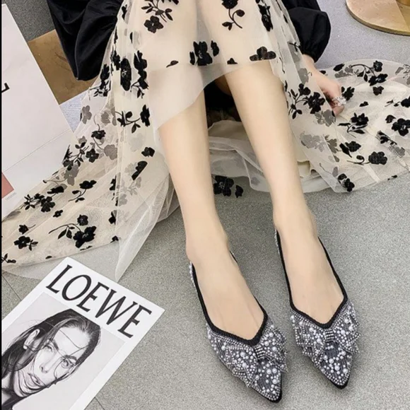 Pearl shoes bridal ballet flats wedding mule pumps pointed embellished bling S 7 - Picture 7 of 10